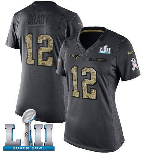 Women New England Patriots #12 Brady Anthracite Salute To Service Limited 2018 Super Bowl NFL Jerseys